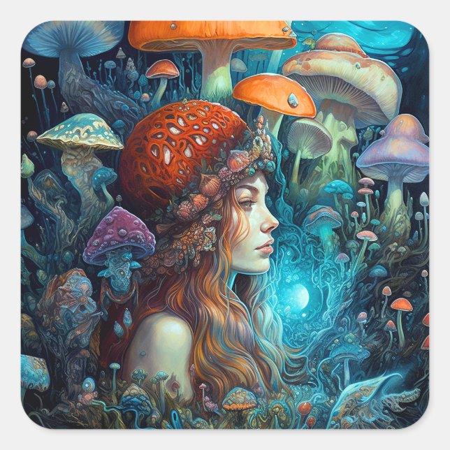 Lady and Mushrooms Surreal Fantasy Art Quadratischer Aufkleber (Vorderseite)