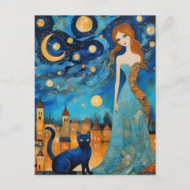 Lady and the Cat in City at Night Postkarte (Vorderseite)