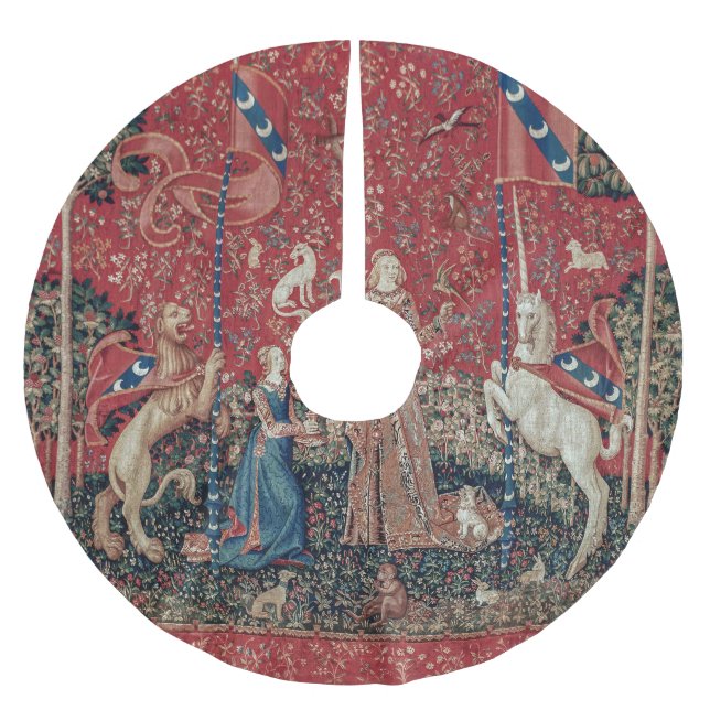 Lady and Unicorn Medieval Tapestry Taste Polyester Weihnachtsbaumdecke (Vorderseite)