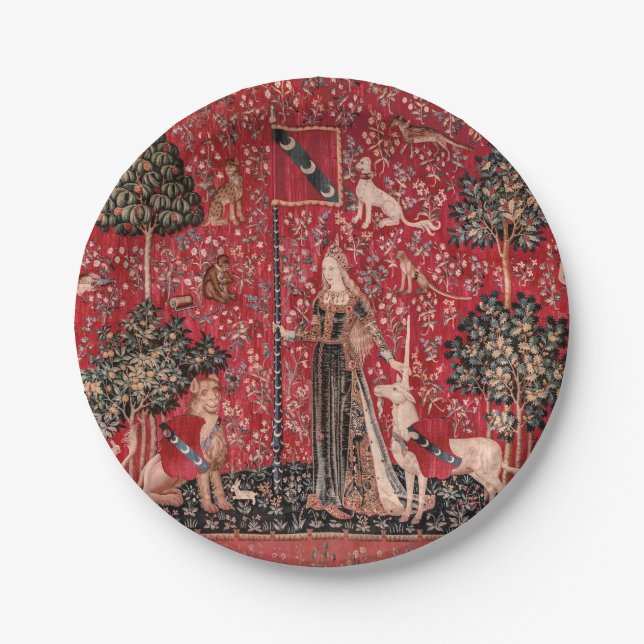 Lady and Unicorn Medieval Tapestry Touch Pappteller (Vorderseite)