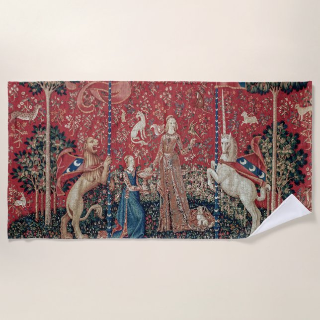 Lady and Unicorn Mittelalterliche Tapestation Gesc Strandtuch (Vorderseite)