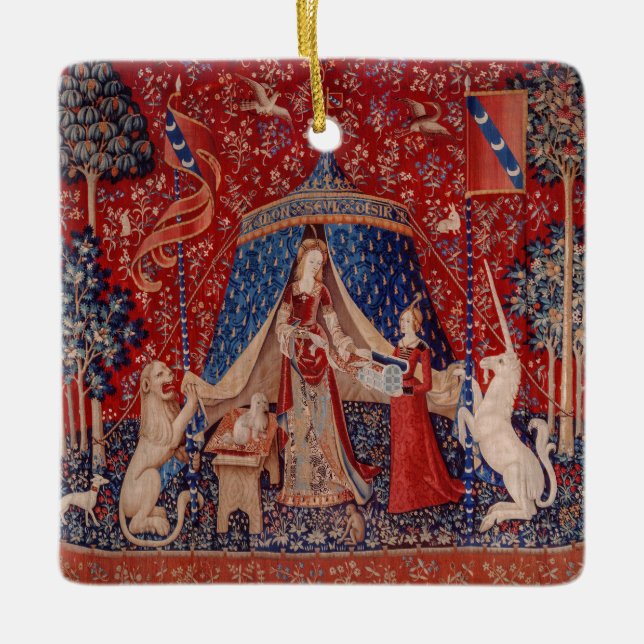 Lady and Unicorn Mittelalterliche Tapestry Keramikornament (Vorderseite)