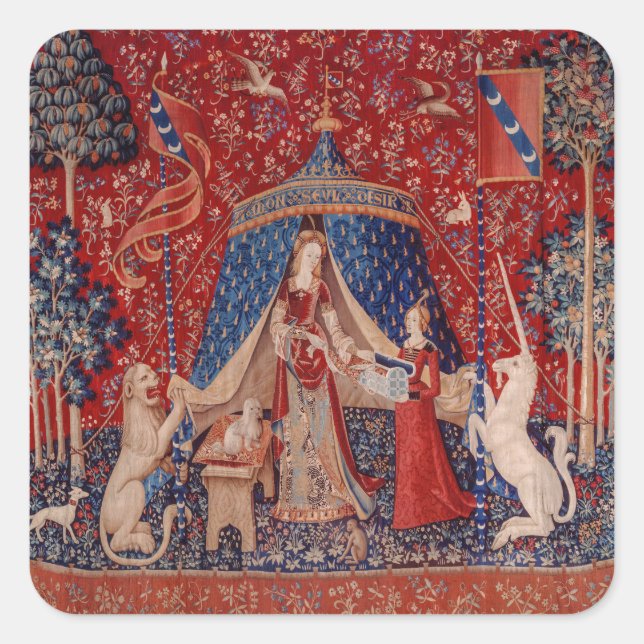 Lady and Unicorn Mittelalterliche Tapestry Quadratischer Aufkleber (Vorderseite)