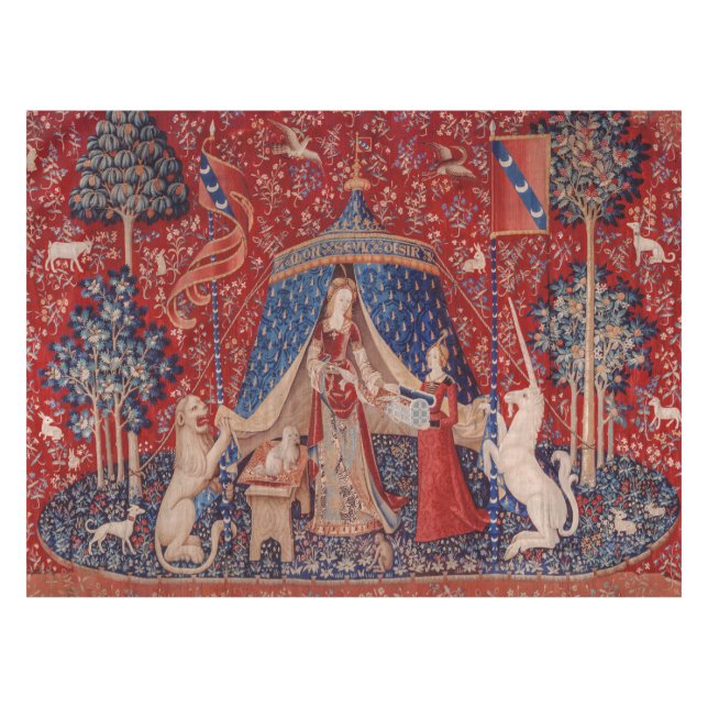 Lady and Unicorn Mittelalterliche Tapestry Tischdecke (Vorderseite (Horizontal))