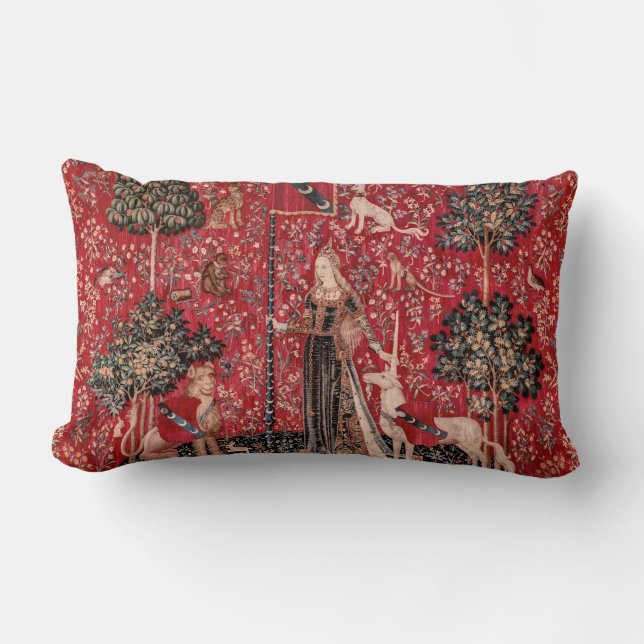 Lady and Unicorn Mittelalterliche Touch Lendenkissen (Vorderseite)