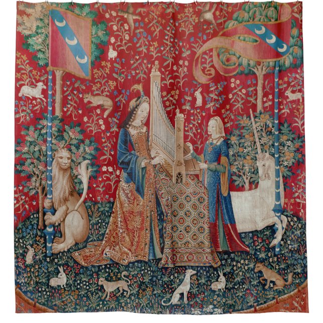 Lady and Unicorn Mittelalterliches Bandgebärden Duschvorhang (Vorderseite)