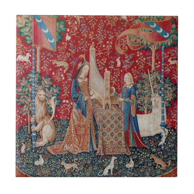 Lady and Unicorn Mittelalterliches Bandgebärden Fliese (Vorderseite)