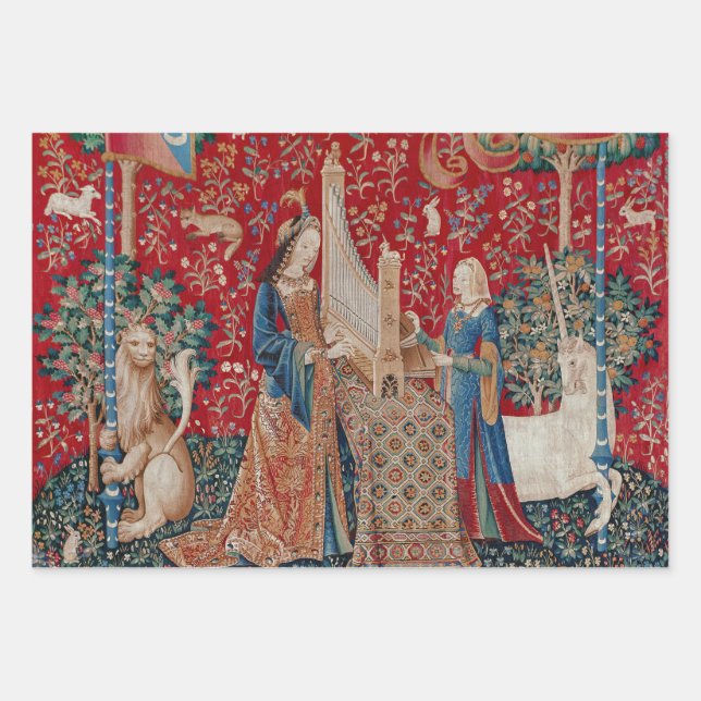 Lady and Unicorn Mittelalterliches Bandgebärden Geschenkpapier Set (Vorderseite)