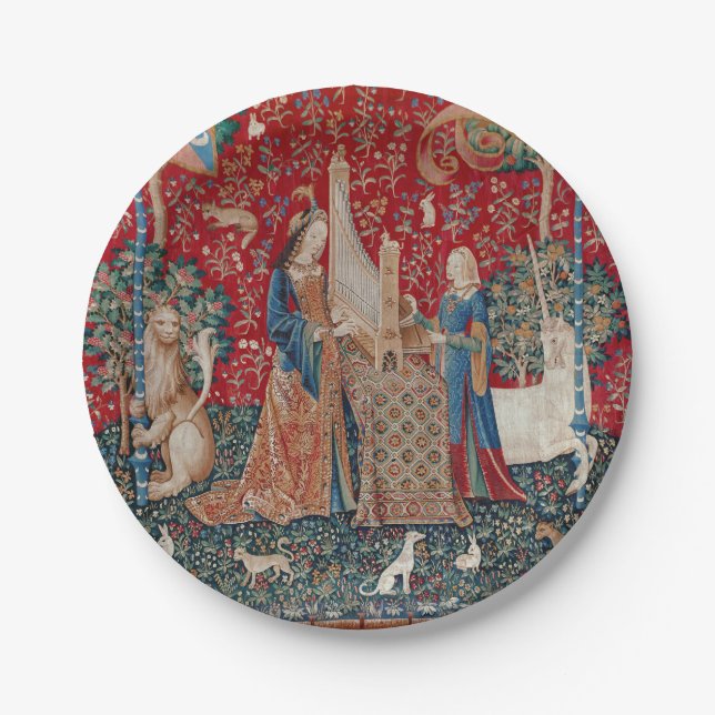 Lady and Unicorn Mittelalterliches Bandgebärden Pappteller (Vorderseite)