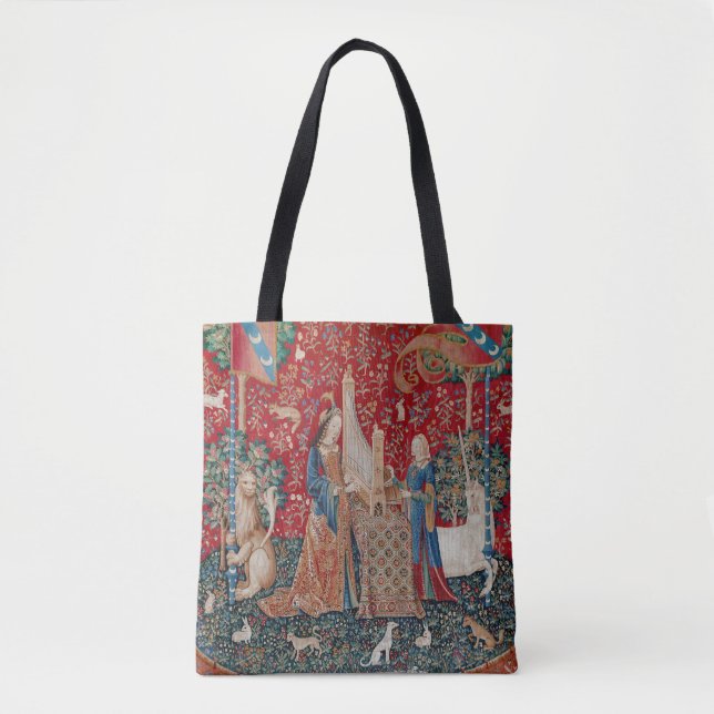 Lady and Unicorn Mittelalterliches Bandgebärden Tasche (Vorderseite)