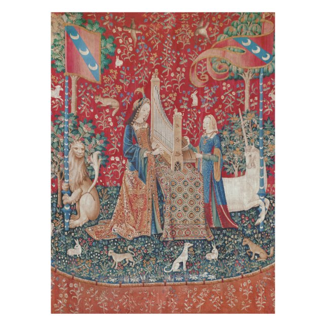 Lady and Unicorn Mittelalterliches Bandgebärden Tischdecke (Vorderseite)