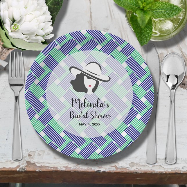 Lady Big Hat Derby Brautparty Pappteller (Big Derby hat lady on blue and green diagonal stripes bridal shower paper plates)