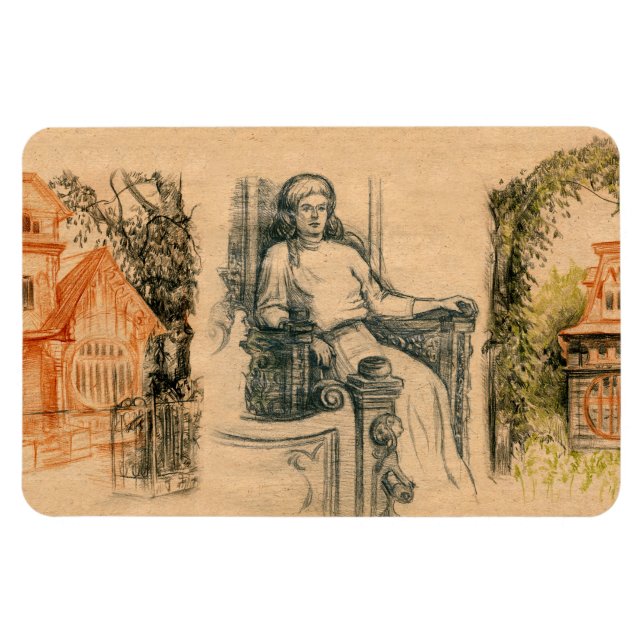 Lady Bleistift-Grafik auf Handwerk Magnet (Horizontal)