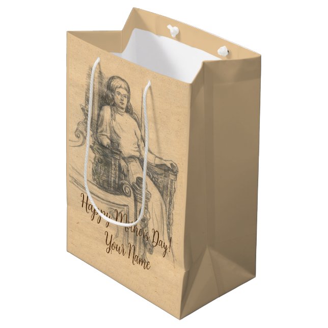 Lady Bleistift-Grafik auf Handwerk Mittlere Geschenktüte (Vorderseite Schrägansicht)