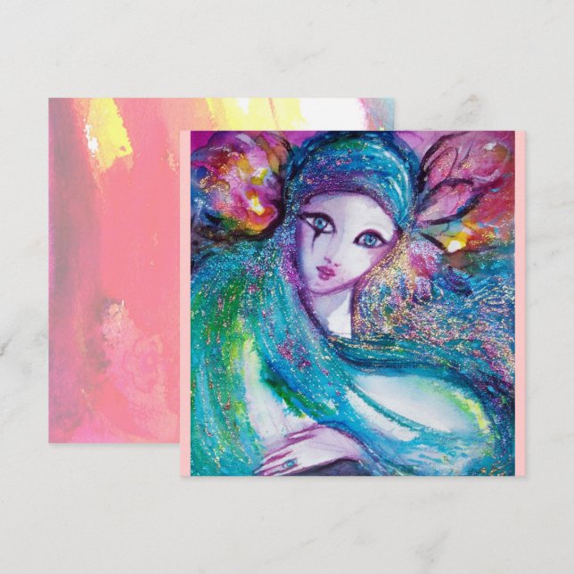 LADY BLUE MASK Soirée Masquée Invitation Rose Turq (Devant / Derrière)