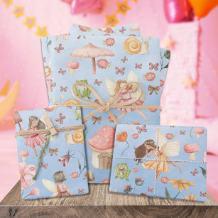 Lady Bug Butterfly Toad Gnome Fairies Garden Blue Geschenkpapier Set