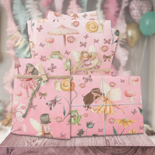 Lady Bug Butterfly Toad Gnome Fairies Garden Pink Geschenkpapier Set