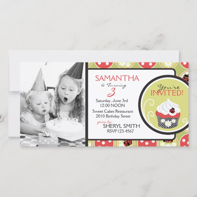 Lady Bug & Cupcake Carte photo de l'invitation (Devant)