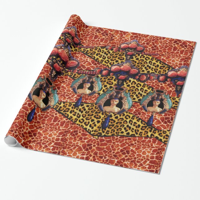 LADY BUG UND KORALE ROSE AUF GIRAFFE,LEOPARFUR GESCHENKPAPIER (Ungerollt)
