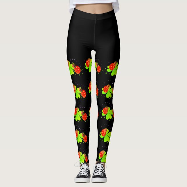Lady Bugs auf einem Kleeblatt Pattern Schwarze Top Leggings (Vorderseite)