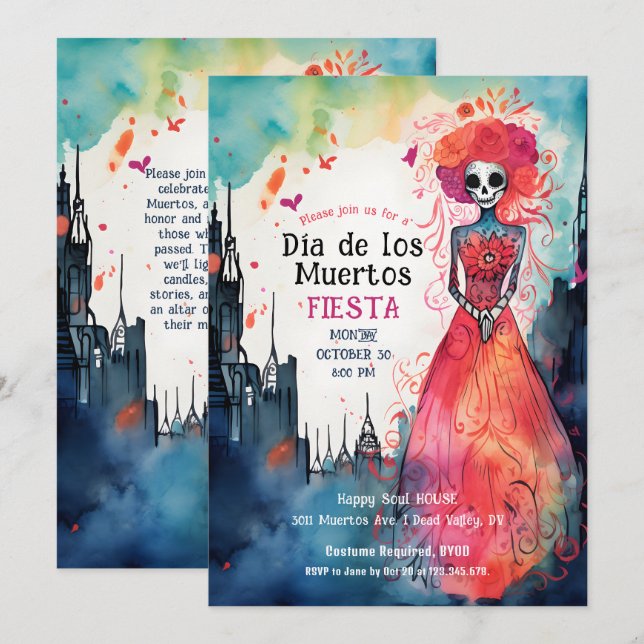 Lady Catrina's Aquarellblühende Hommage Einladung (Vorne/Hinten)