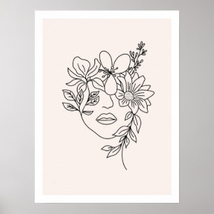 Lady Gesicht mit Blume Line Art Print Poster
