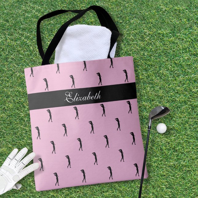 Lady Golfer benutzerdefiniertes Namensmuster Pink  Tasche (Lady Golfer Customized Name Pattern Pink Black Tote Bag)