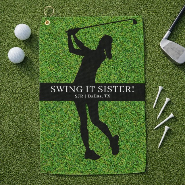 Lady Golfer Golf Green Silhouette Monogram Golfhandtuch (Personalize with Initials, City and State.  Edit caption too, if you wish.)