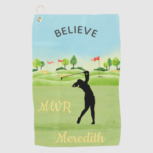 Lady Golfer Landschaftliche Grüntöne, die Monogram Golfhandtuch (Vorderseite)