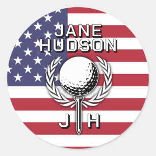 Lady Golfer Patriotic Monogram Design Runder Aufkleber
