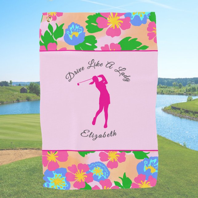 Lady Golfer Pink Floral Preppy Individuelle Name L Golfhandtuch (Von Creator hochgeladen)
