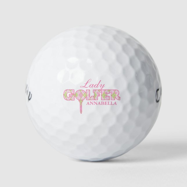 Lady Golfer pink karierte Geschenkgolfbälle Golfball (Vorderseite)