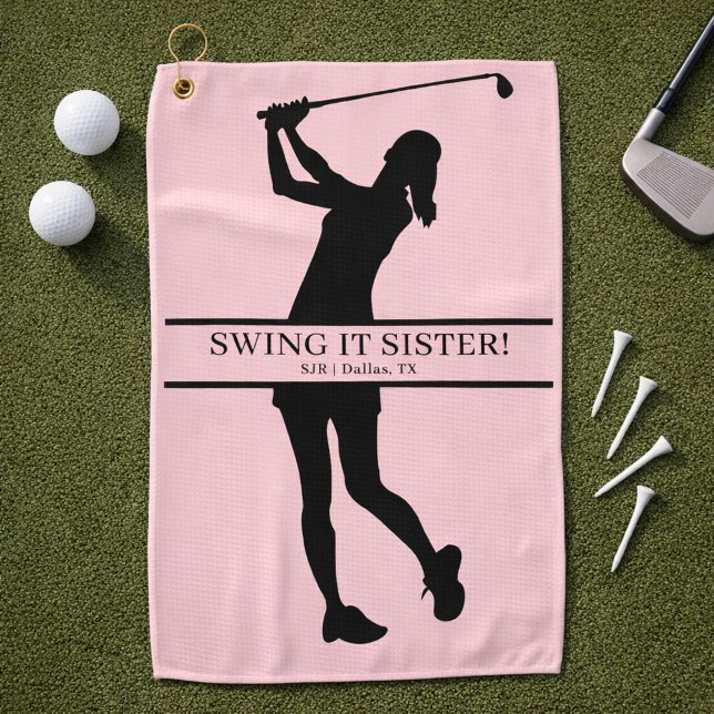 Lady Golfer Silhouette Personalized Monogram Golfhandtuch (Personalize with initials, city, state.  Change the phrase too, if you wish)