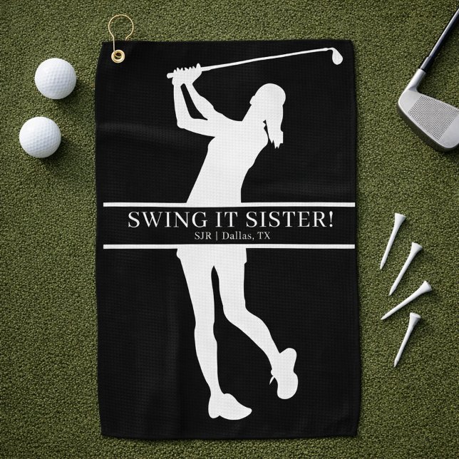 Lady Golfer Silhouette Personalized Monogram  Golfhandtuch (Personalize with initials, city and state)