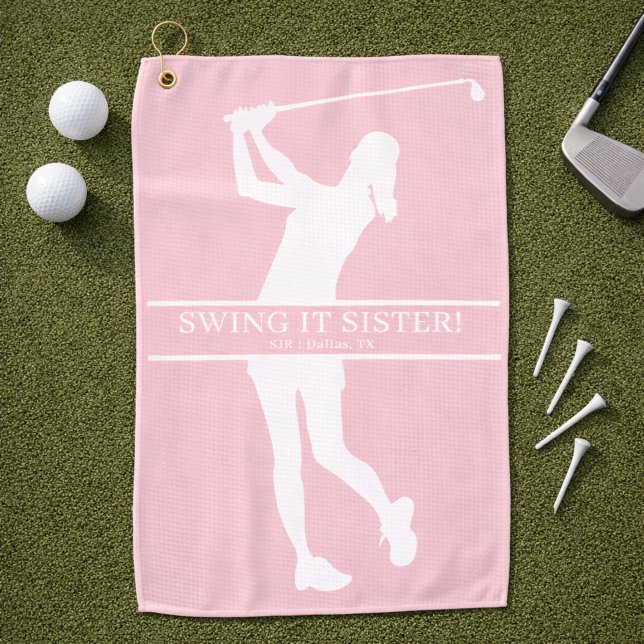 Lady Golfer Silhouette Personalized Monogram Golfhandtuch (Add initials, city, state to personalize,  Change caption too, if you wish)