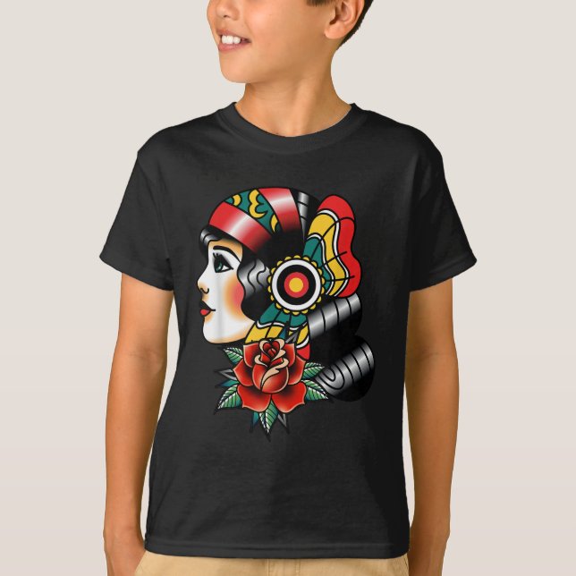 Lady Head American Traditional Tattoo Old School T-Shirt (Vorderseite)