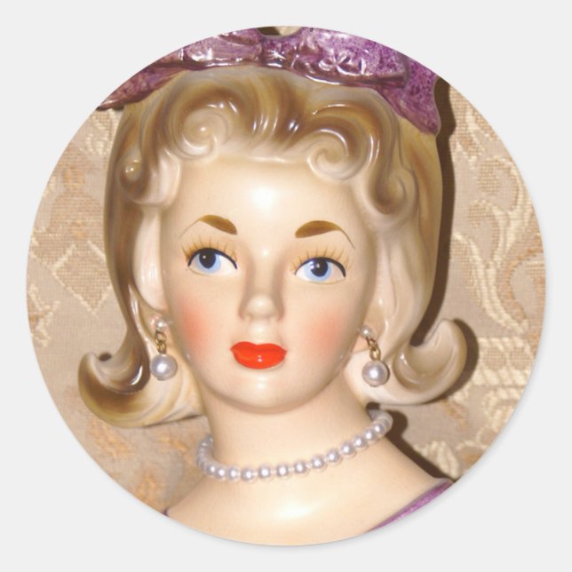 Lady Head Vase Big Lila Bow Glam Gedreht Hair Runder Aufkleber (Vorderseite)