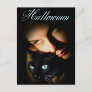Lady & ihre Blue Mit Augen Cat Halloween Postkarte