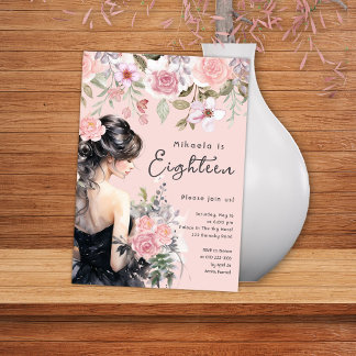 Lady in Black Gown Pink 18. Geburtstag Einladung