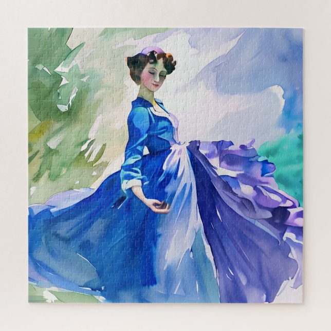 Lady in Blue Dress - Aquarellmalerei (Vertikal)