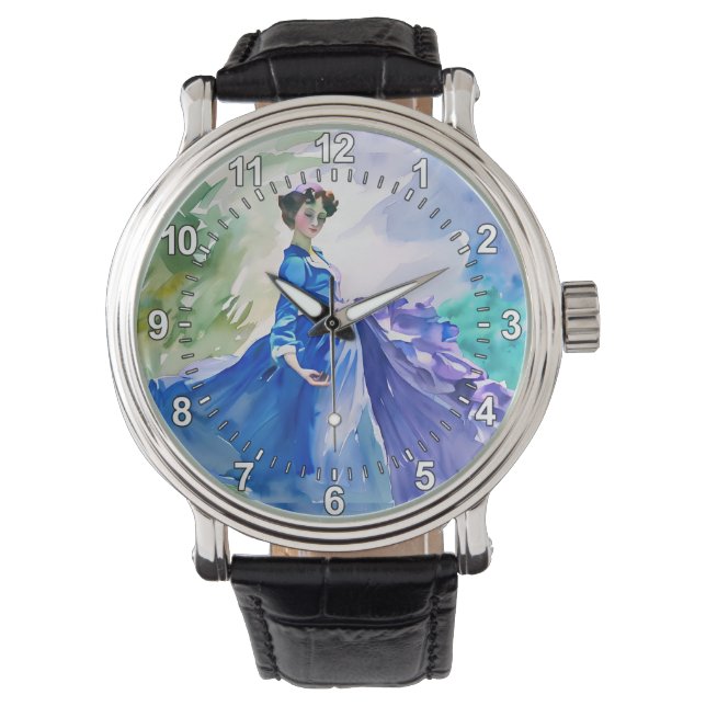Lady in Blue Dress - Aquarellmalerei Armbanduhr (Vorderseite)