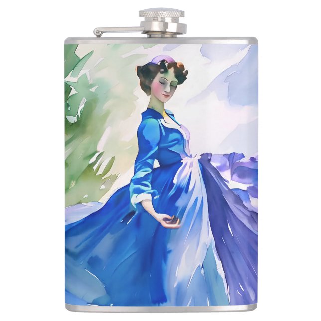 Lady in Blue Dress - Aquarellmalerei Flachmann (Vorderseite)