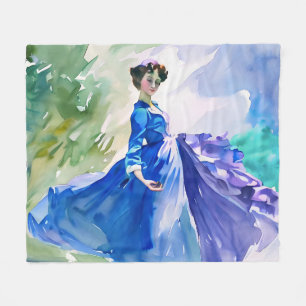Lady in Blue Dress - Aquarellmalerei Fleecedecke