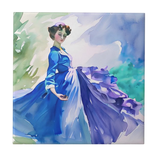 Lady in Blue Dress - Aquarellmalerei Fliese (Vorderseite)