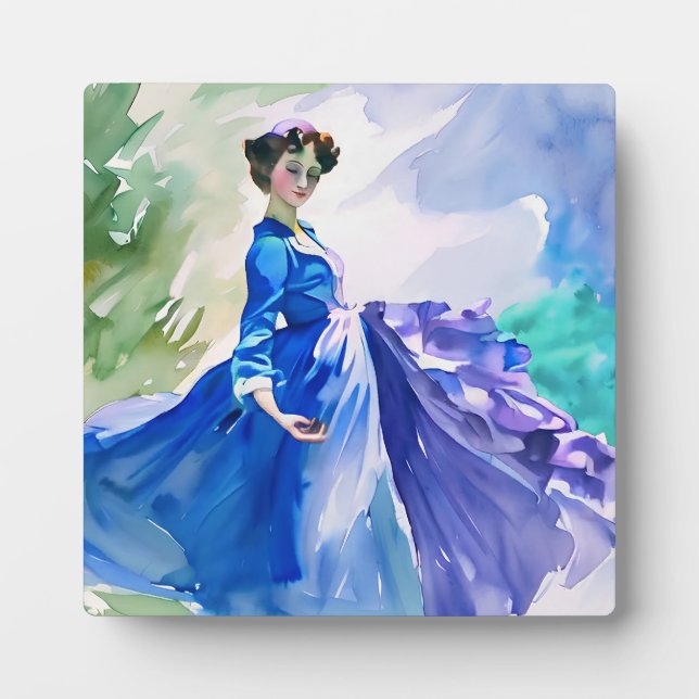Lady in Blue Dress - Aquarellmalerei Fotoplatte (Vorderseite)