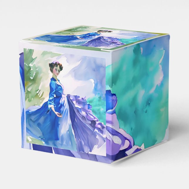 Lady in Blue Dress - Aquarellmalerei Geschenkschachtel (Vorderseite)