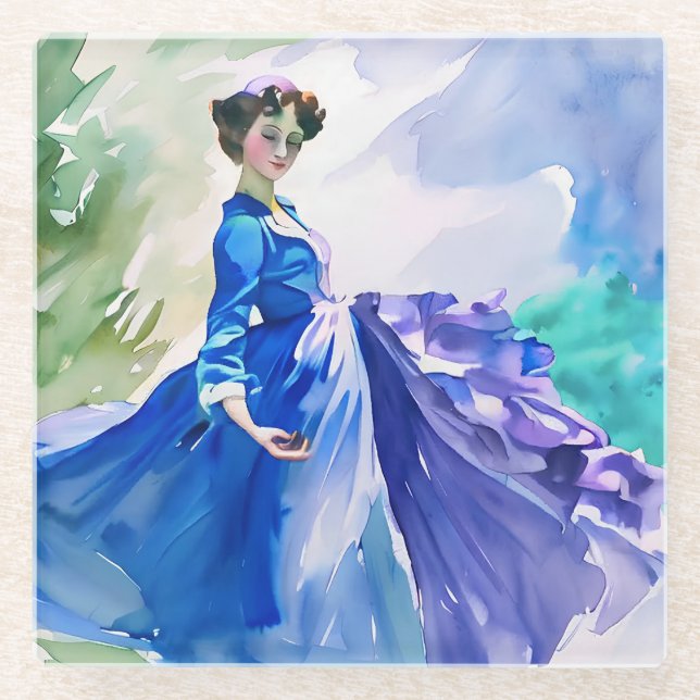 Lady in Blue Dress - Aquarellmalerei Glasuntersetzer (Vorderseite)