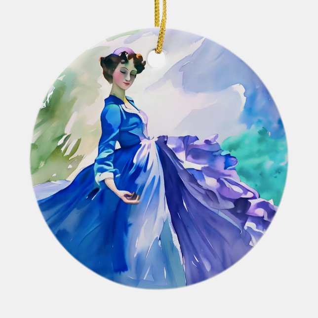 Lady in Blue Dress - Aquarellmalerei Keramik Ornament (Vorne)