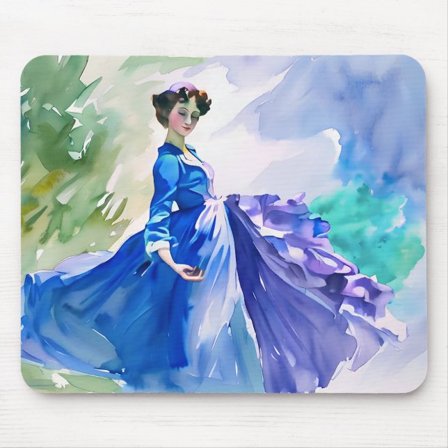 Lady in Blue Dress - Aquarellmalerei Mousepad (Vorne)