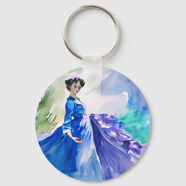 Lady in Blue Dress - Aquarellmalerei Schlüsselanhänger (Vorderseite)